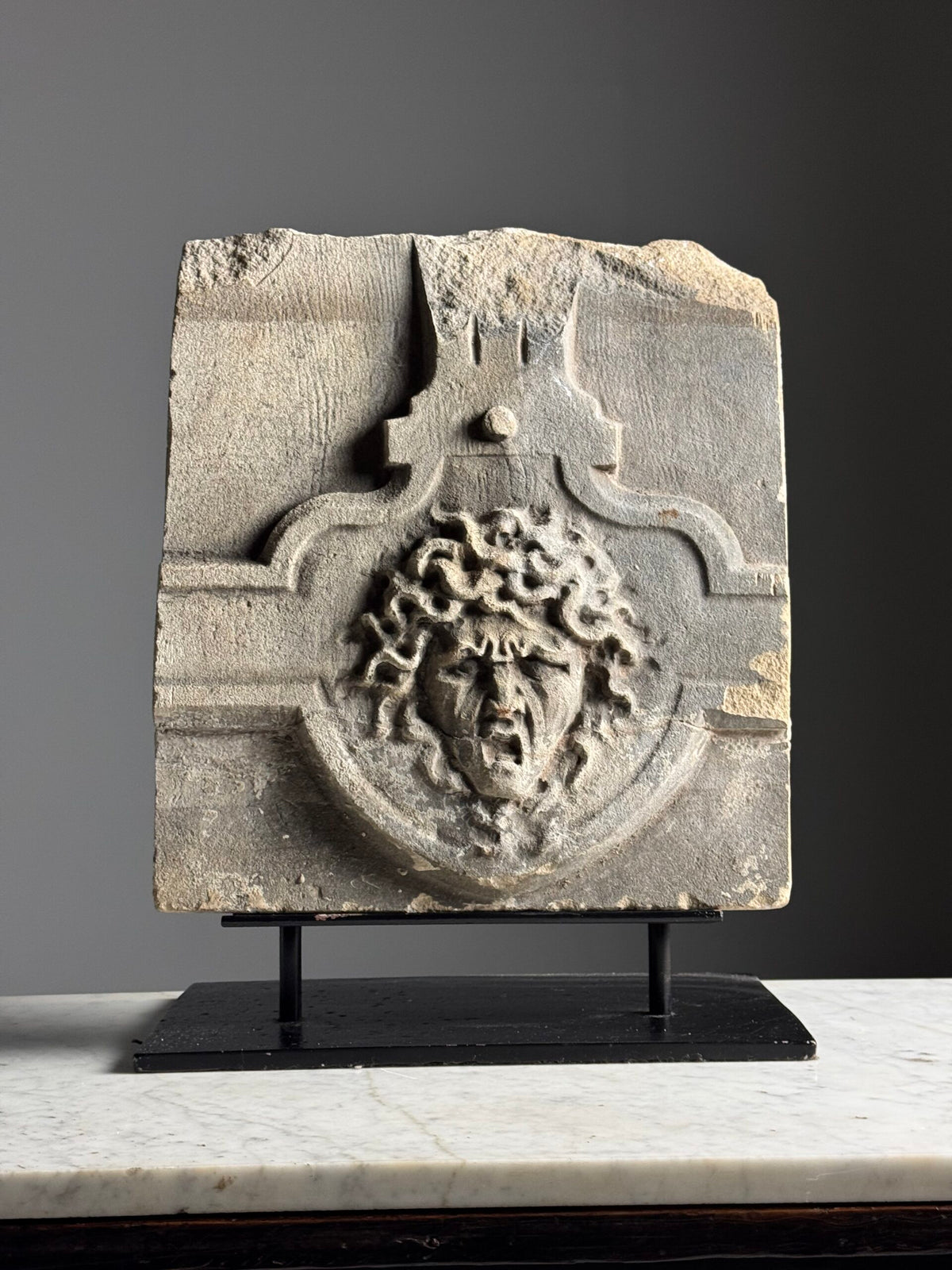 Carved Stone Medusa Fragment on Black Stand, 18th Century, photo 1