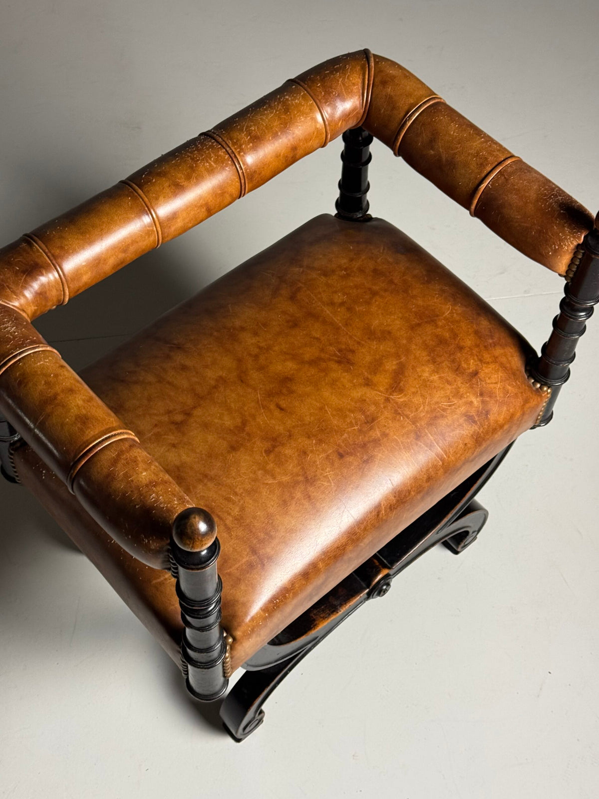 English Ebonized Stool with Sheepskin, Early 20th Century, photo 8
