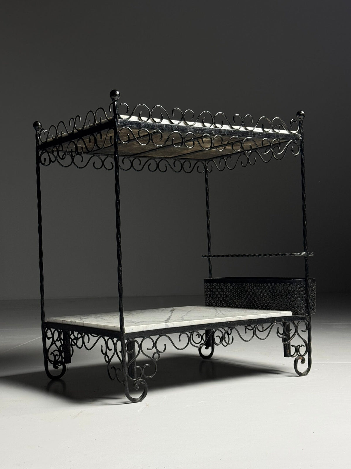 Black Metal Drinks Side Table with Two Marble Tops, France, photo 15