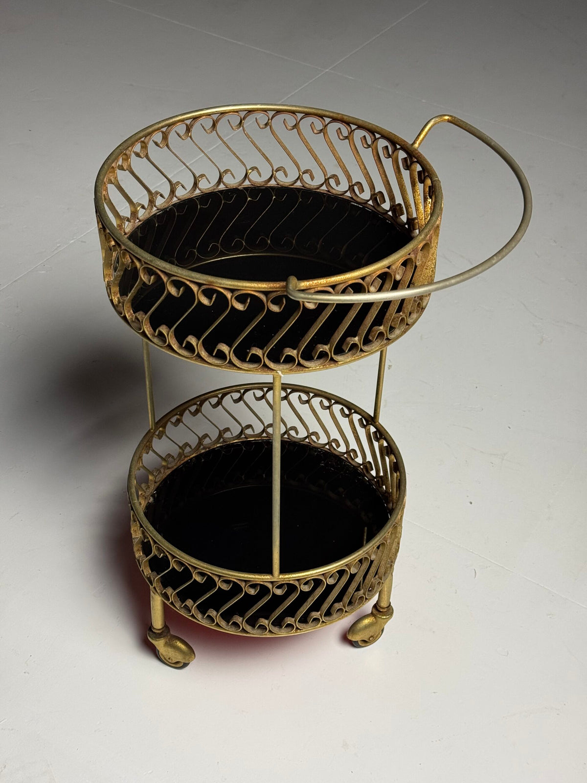 Gold Coloured Metal Trolley or Side Table with Two Glass Tops, photo 3