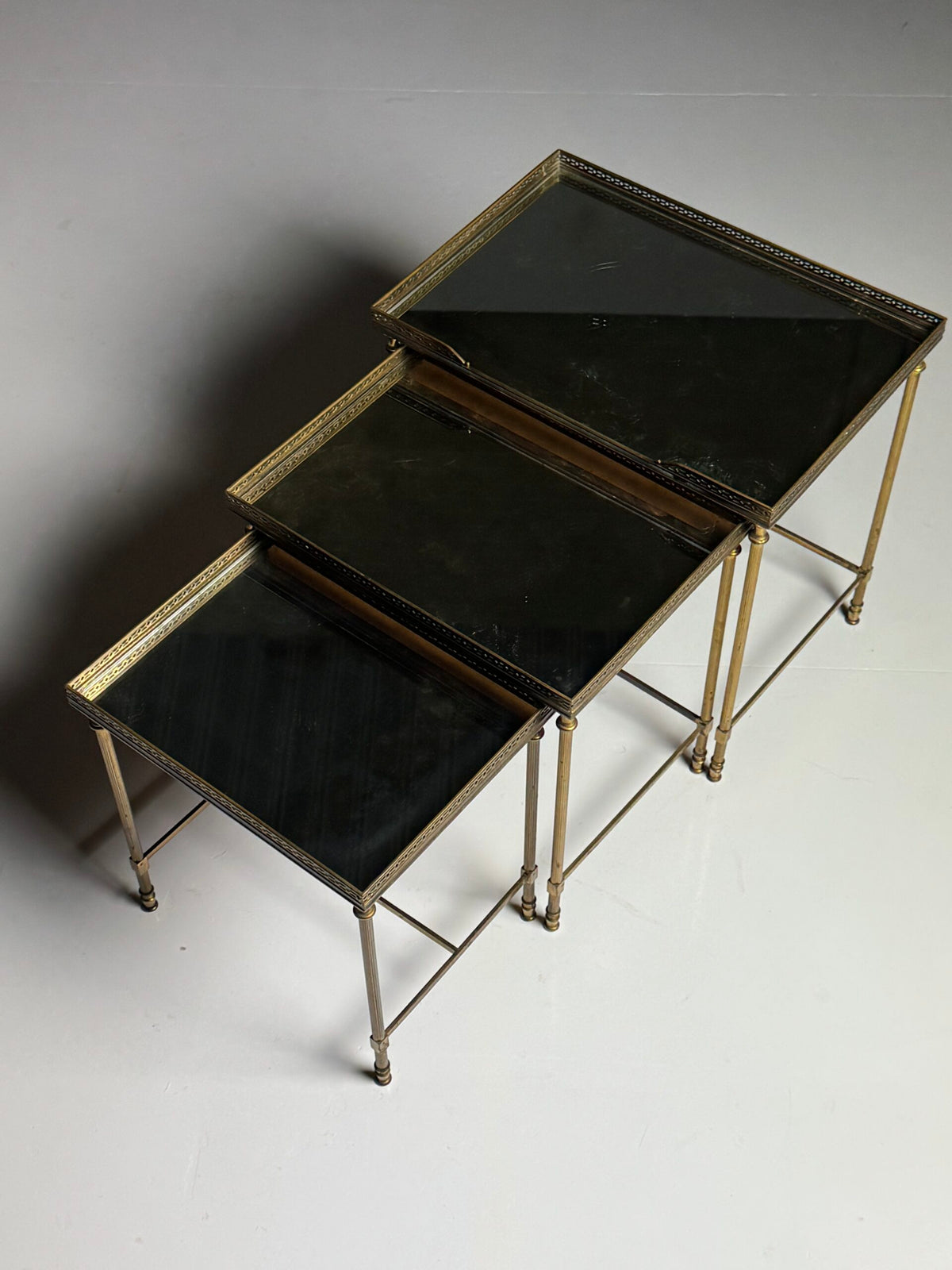 Set of Three Vintage French Nesting Tables with Tinted Mirror Glass, photo 16