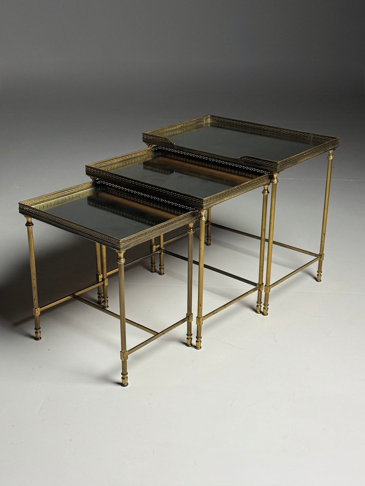 Set of Three Vintage French Nesting Tables with Tinted Mirror Glass, photo 15