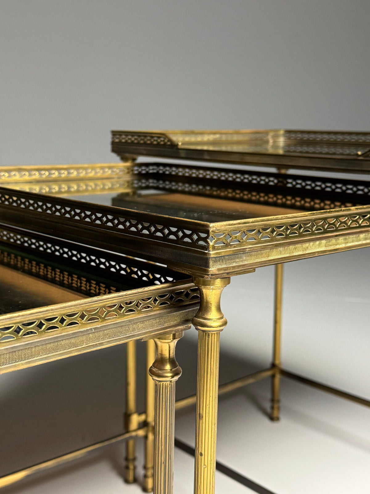 Set of Three Vintage French Nesting Tables with Tinted Mirror Glass, photo 13