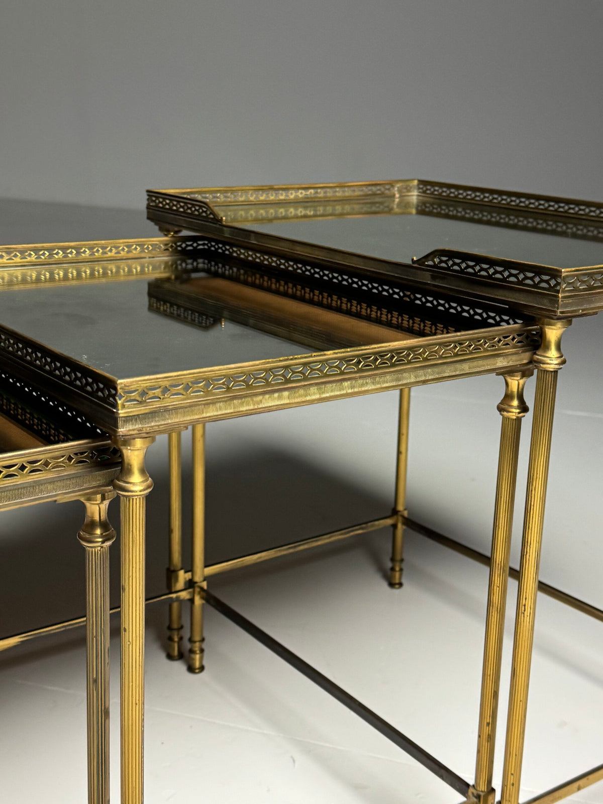 Set of Three Vintage French Nesting Tables with Tinted Mirror Glass, photo 12