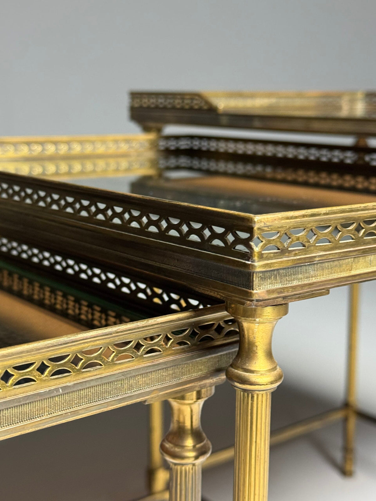 Set of Three Vintage French Nesting Tables with Tinted Mirror Glass, photo 8
