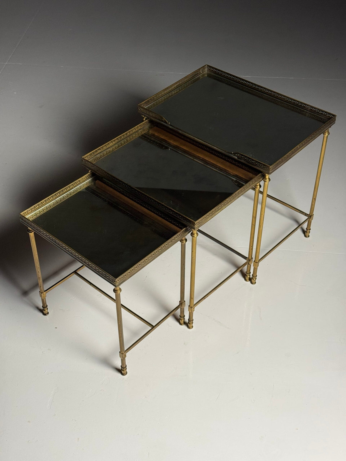 Set of Three Vintage French Nesting Tables with Tinted Mirror Glass, photo 5