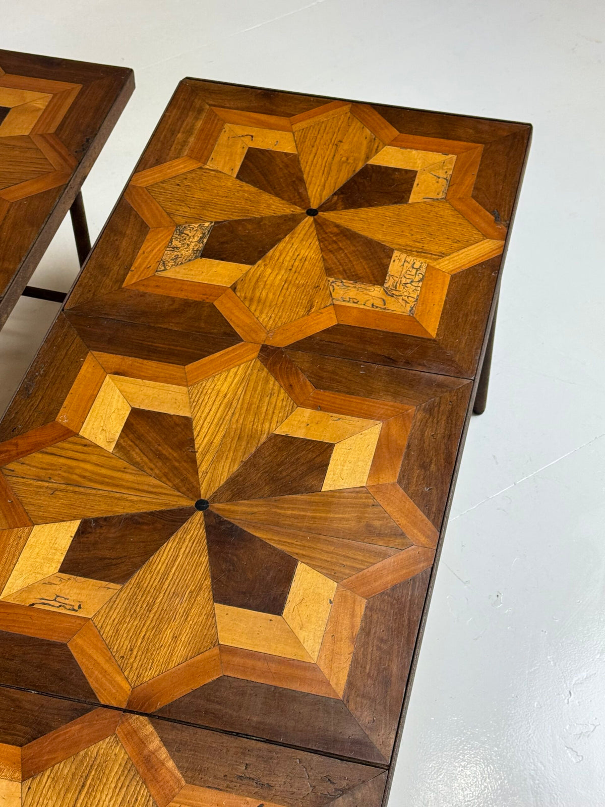 Pair of Metal Coffee Tables with 19th Century Parquet Panels, photo 4