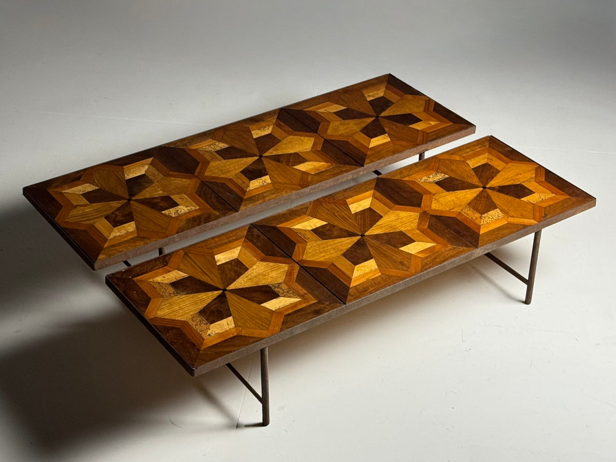 Pair of Metal Coffee Tables with 19th Century Parquet Panels, photo 10