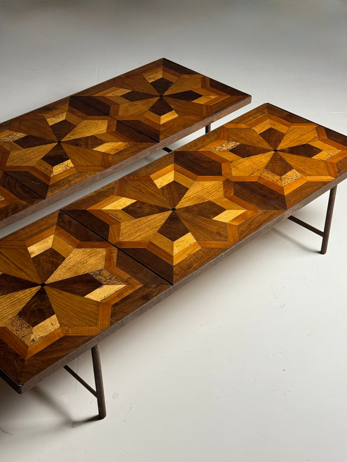 Pair of Metal Coffee Tables with 19th Century Parquet Panels, photo 8