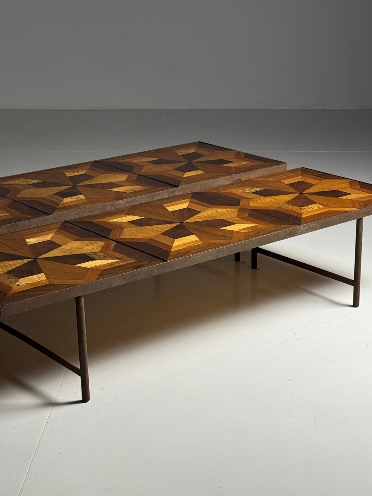 Pair of Metal Coffee Tables with 19th Century Parquet Panels, photo 5