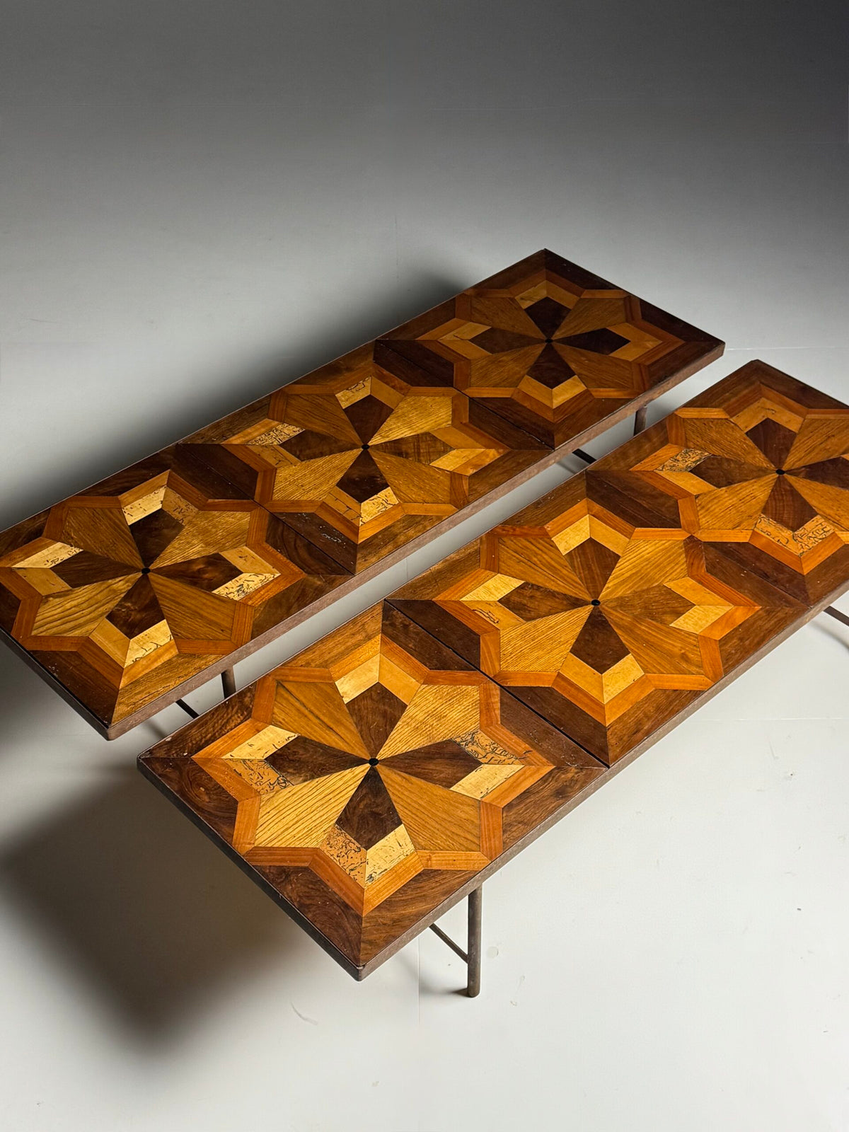 Pair of Metal Coffee Tables with 19th Century Parquet Panels, photo 6