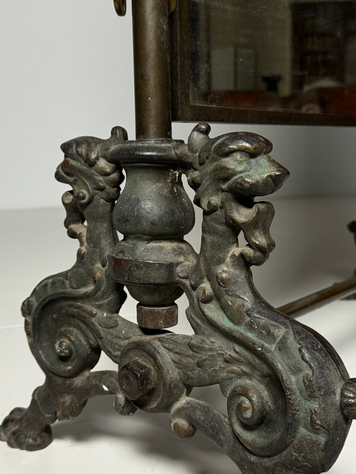 Victorian Brass and Bronze Standing Mirror with Griffins, c. 1890, photo 16