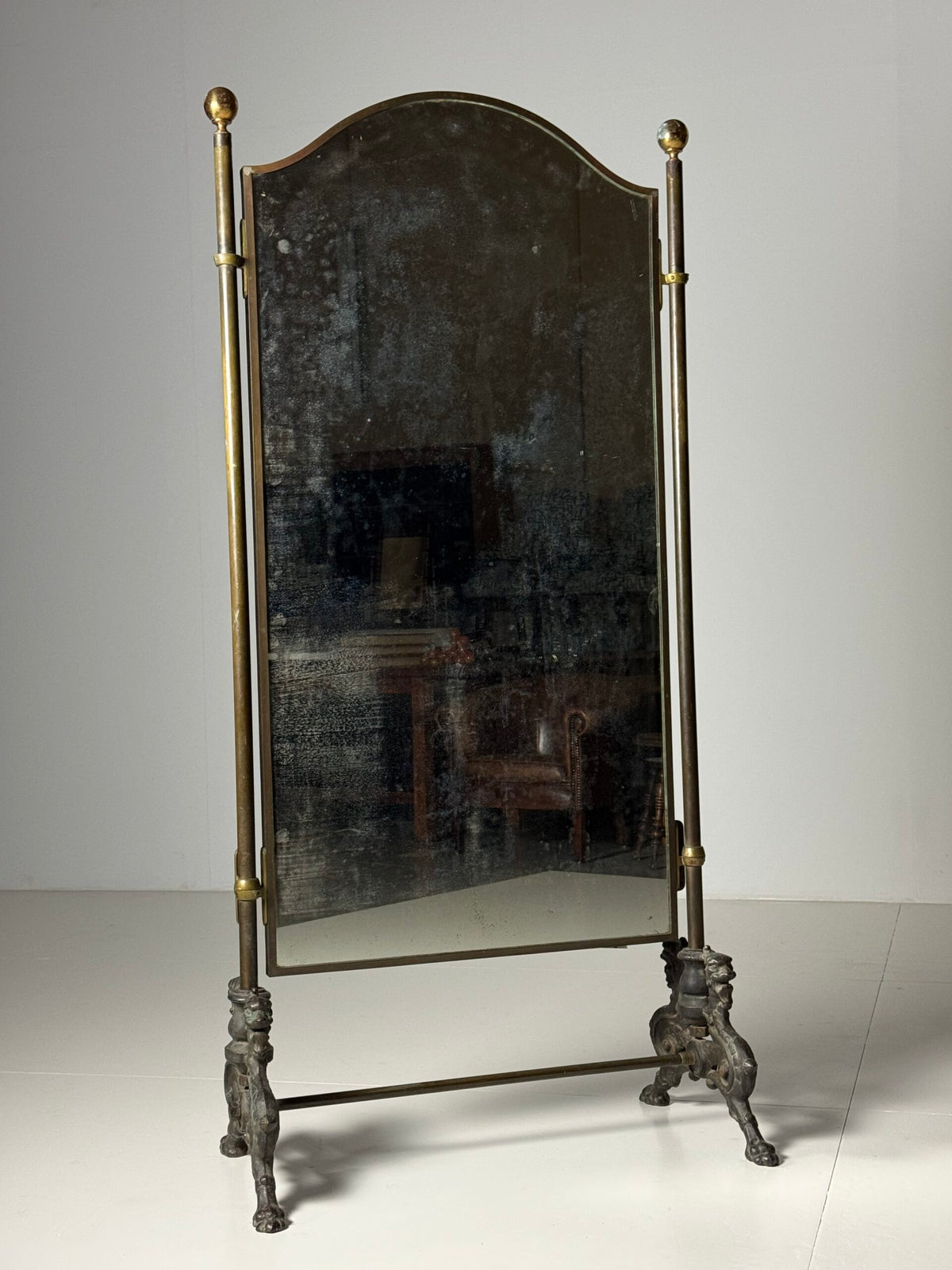 Victorian Brass and Bronze Standing Mirror with Griffins, c. 1890, photo 19