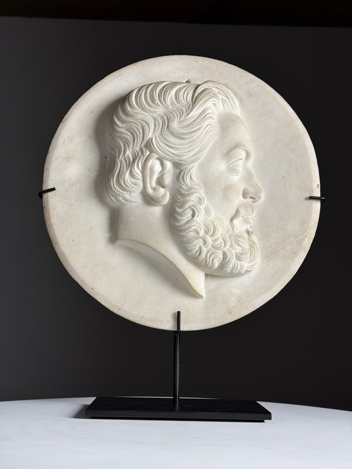 19th Century White Carrara Marble Portrait Medallion on Stand, photo 2