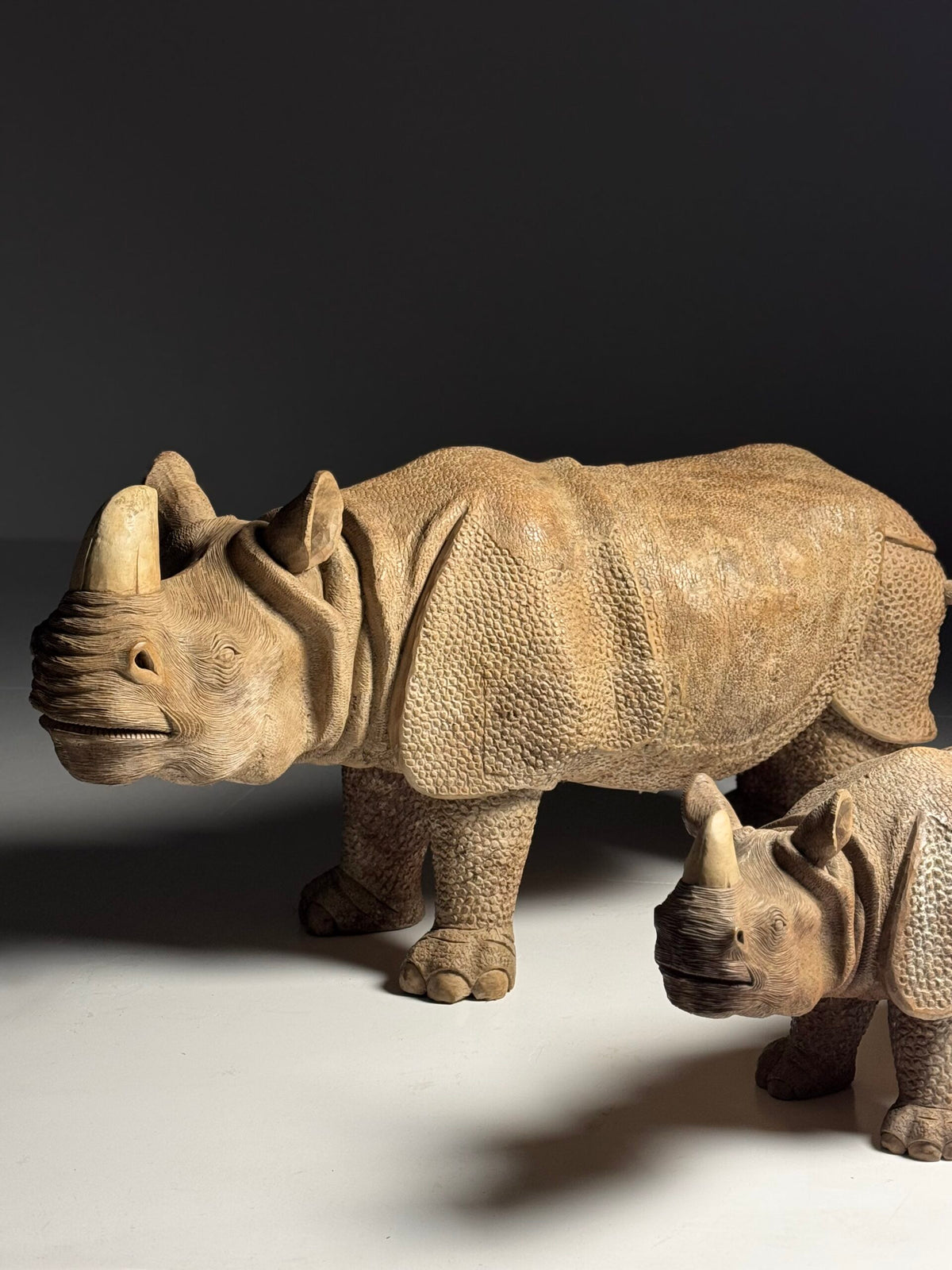 Hand Carved Asian Rhinoceros and Calf, South East Asia, c. 1960, photo 1