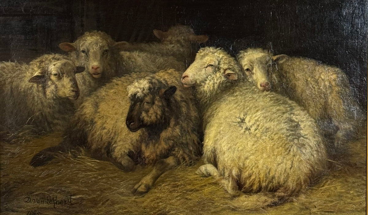 Sheep in the Stable, Oil Painting by Dirk Peter van Lokhorst, 1885, photo 17