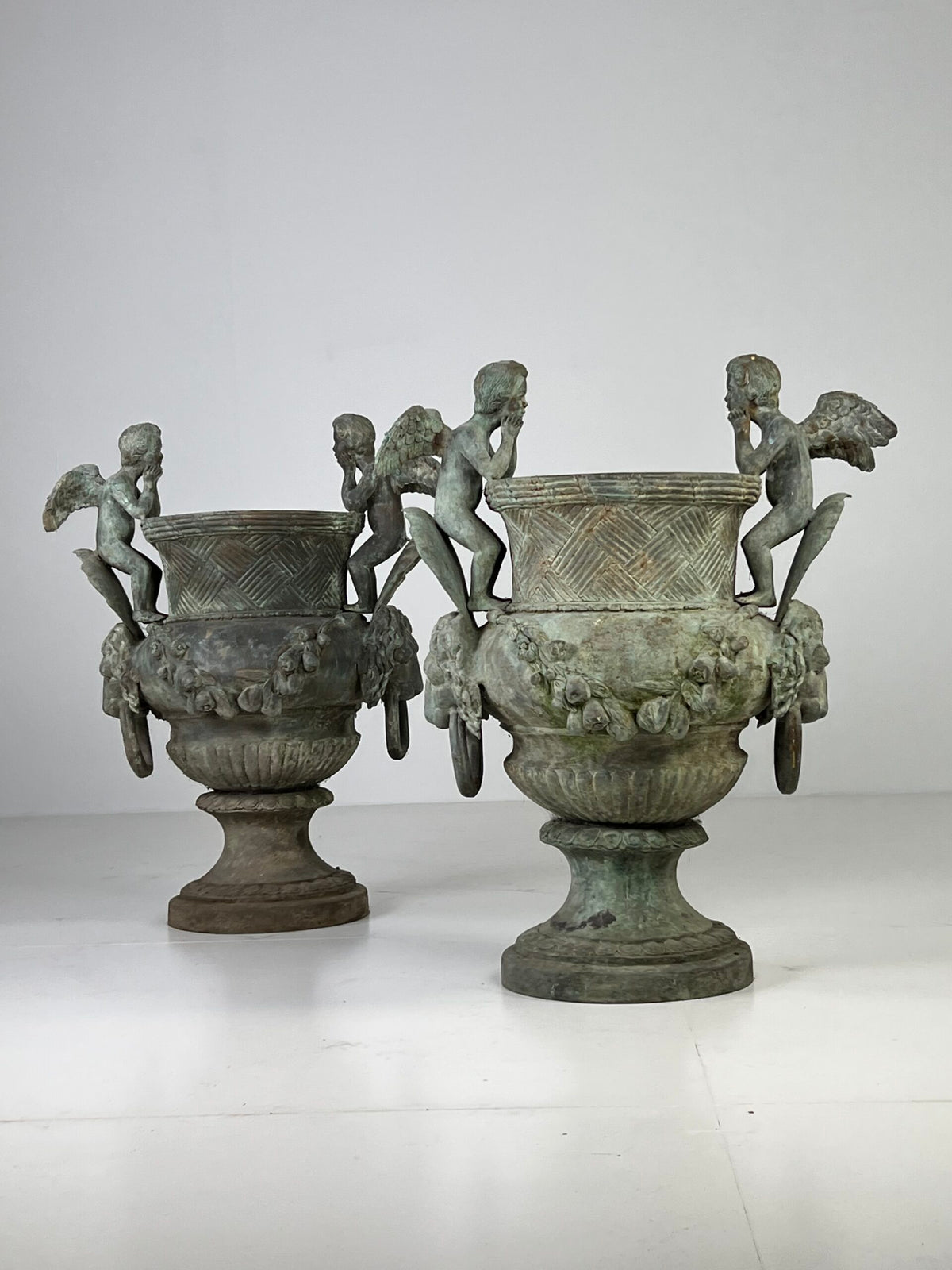 Pair of Large Bronze Garden Urns with Seated Angels, photo 18