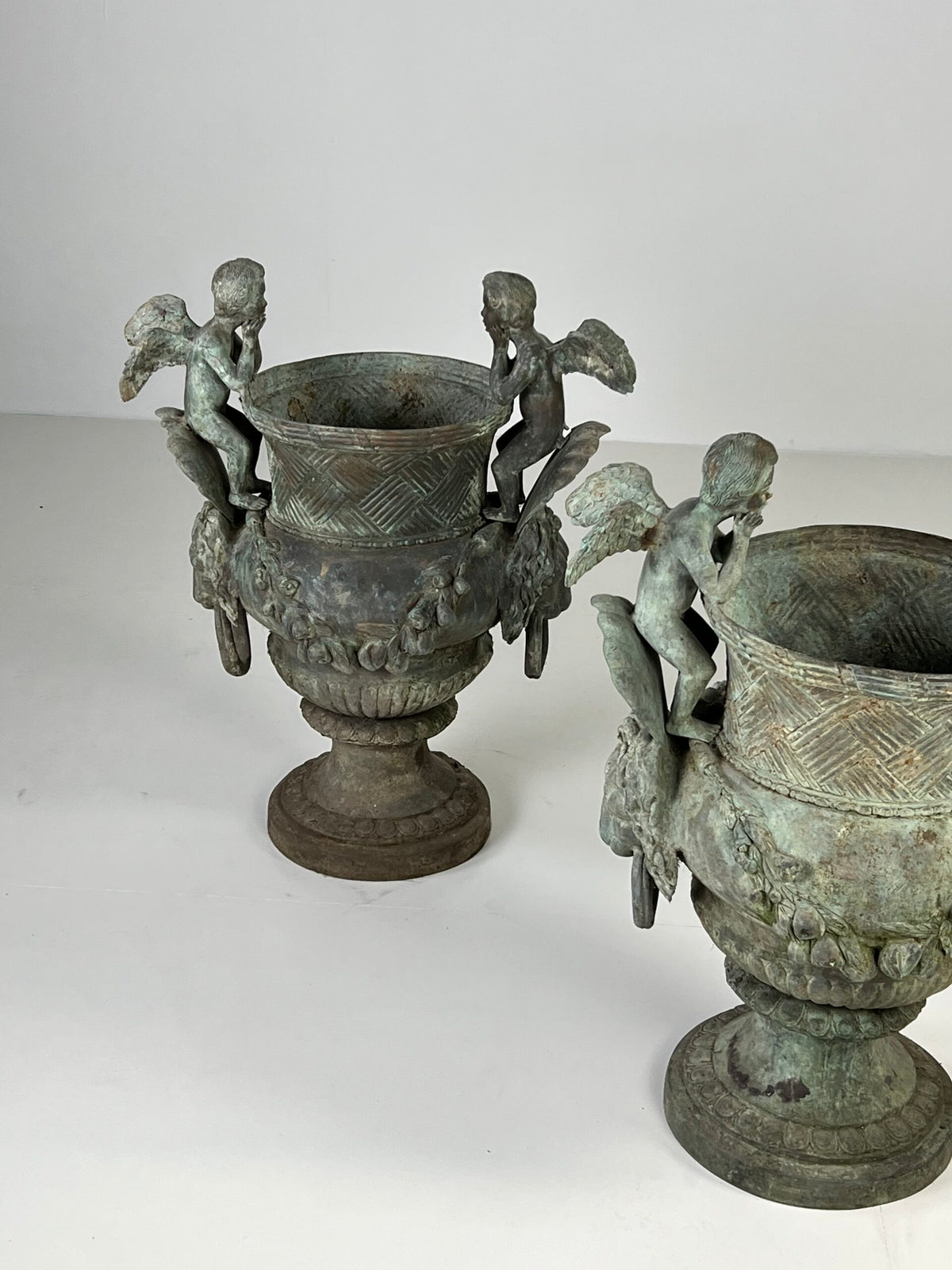 Pair of Large Bronze Garden Urns with Seated Angels, photo 17