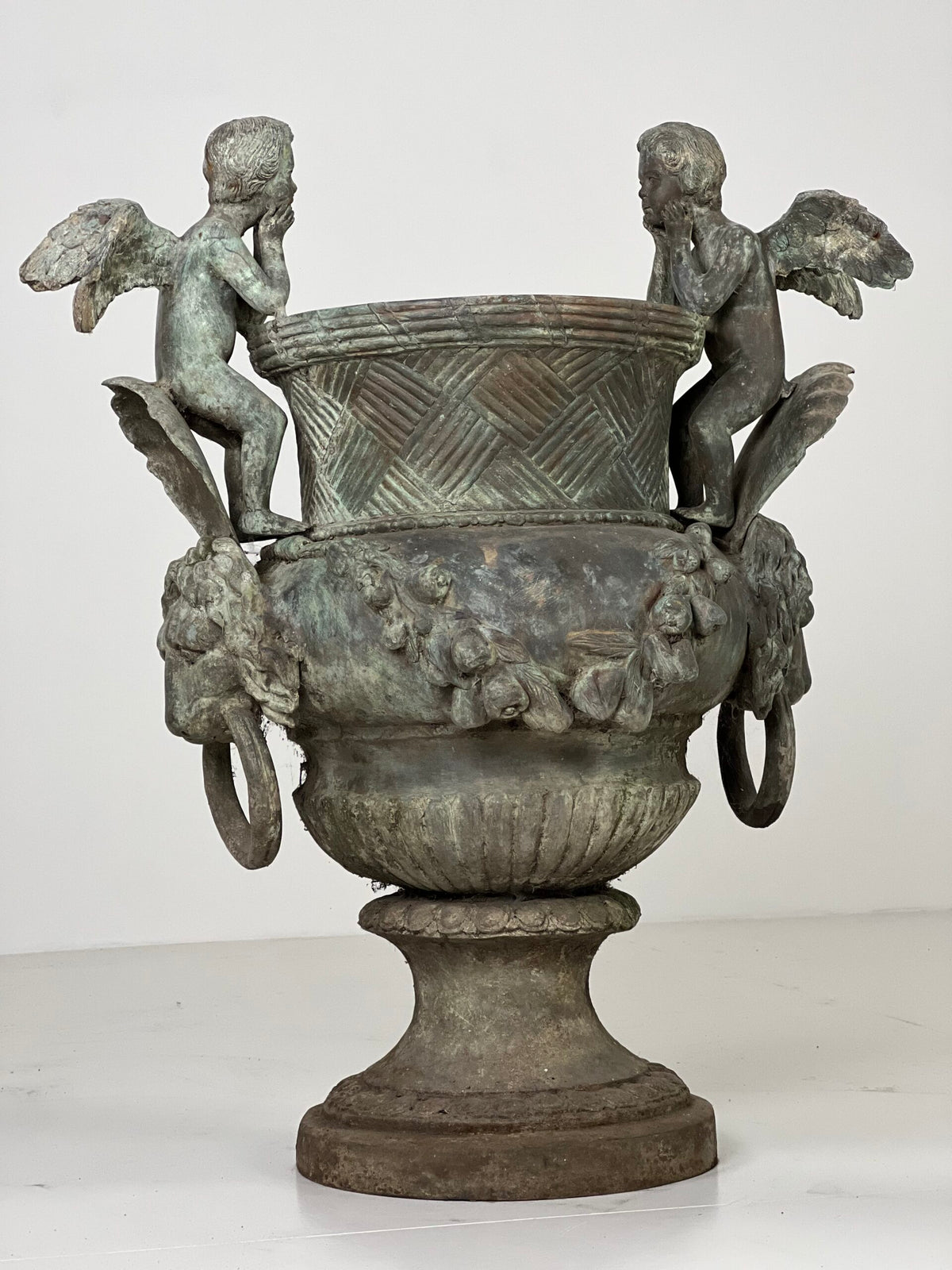 Pair of Large Bronze Garden Urns with Seated Angels, photo 11