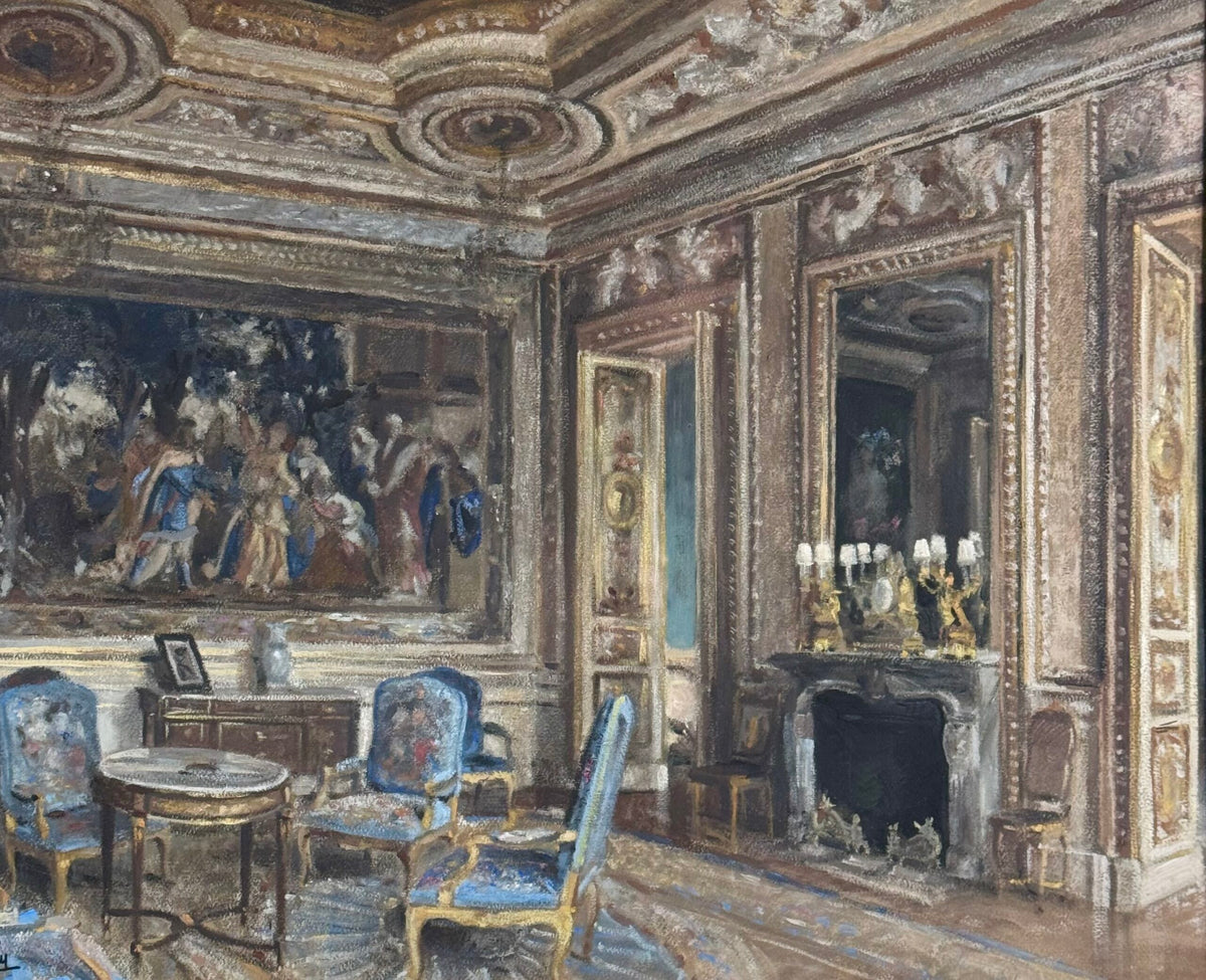 Pastel Drawing of a French Chateau Salon, Signed G. Gay, 1939, photo 7