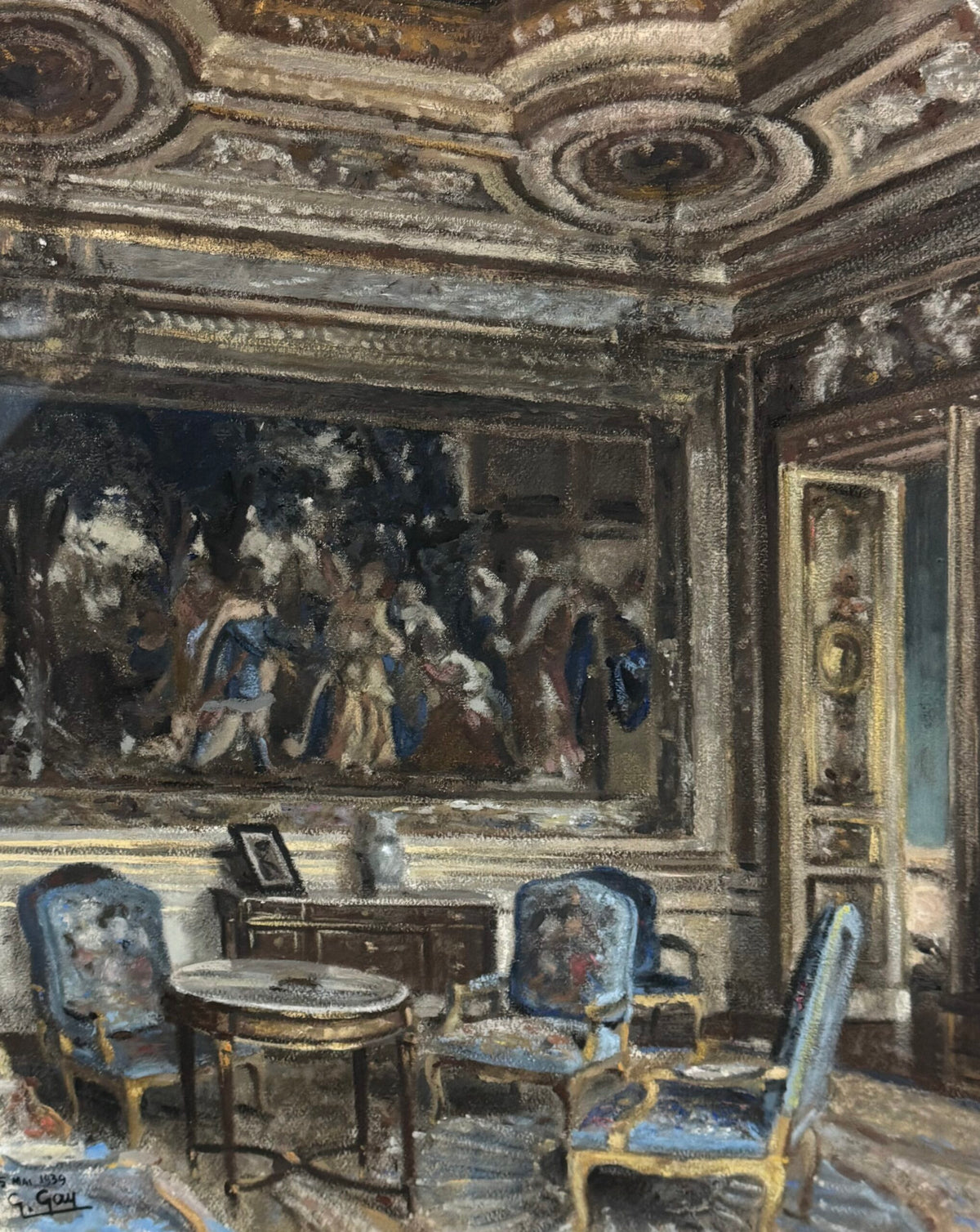 Pastel Drawing of a French Chateau Salon, Signed G. Gay, 1939, photo 6