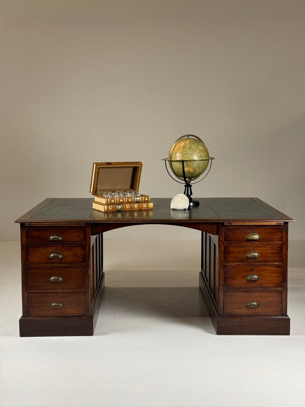 English Partner Desk with Green Leather Top, Mid 20th Century, photo 16