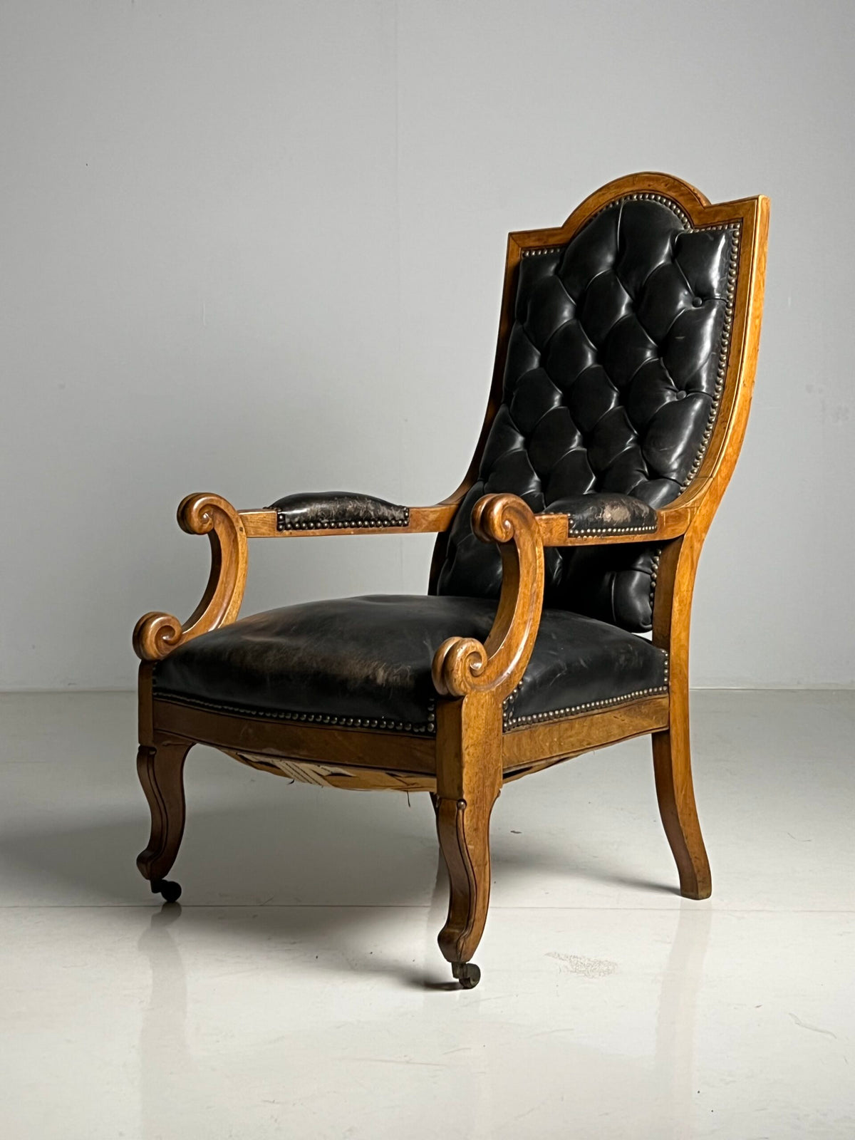 French Black Leather Tufted Armchair, c. 1900, photo 1