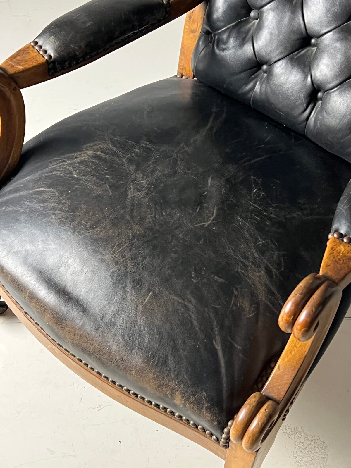 French Black Leather Tufted Armchair, c. 1900, photo 8