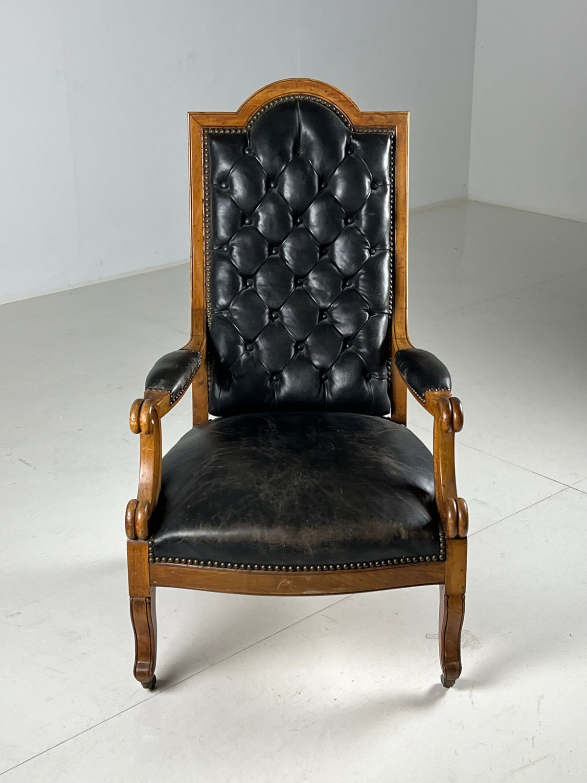 French Black Leather Tufted Armchair, c. 1900, photo 9