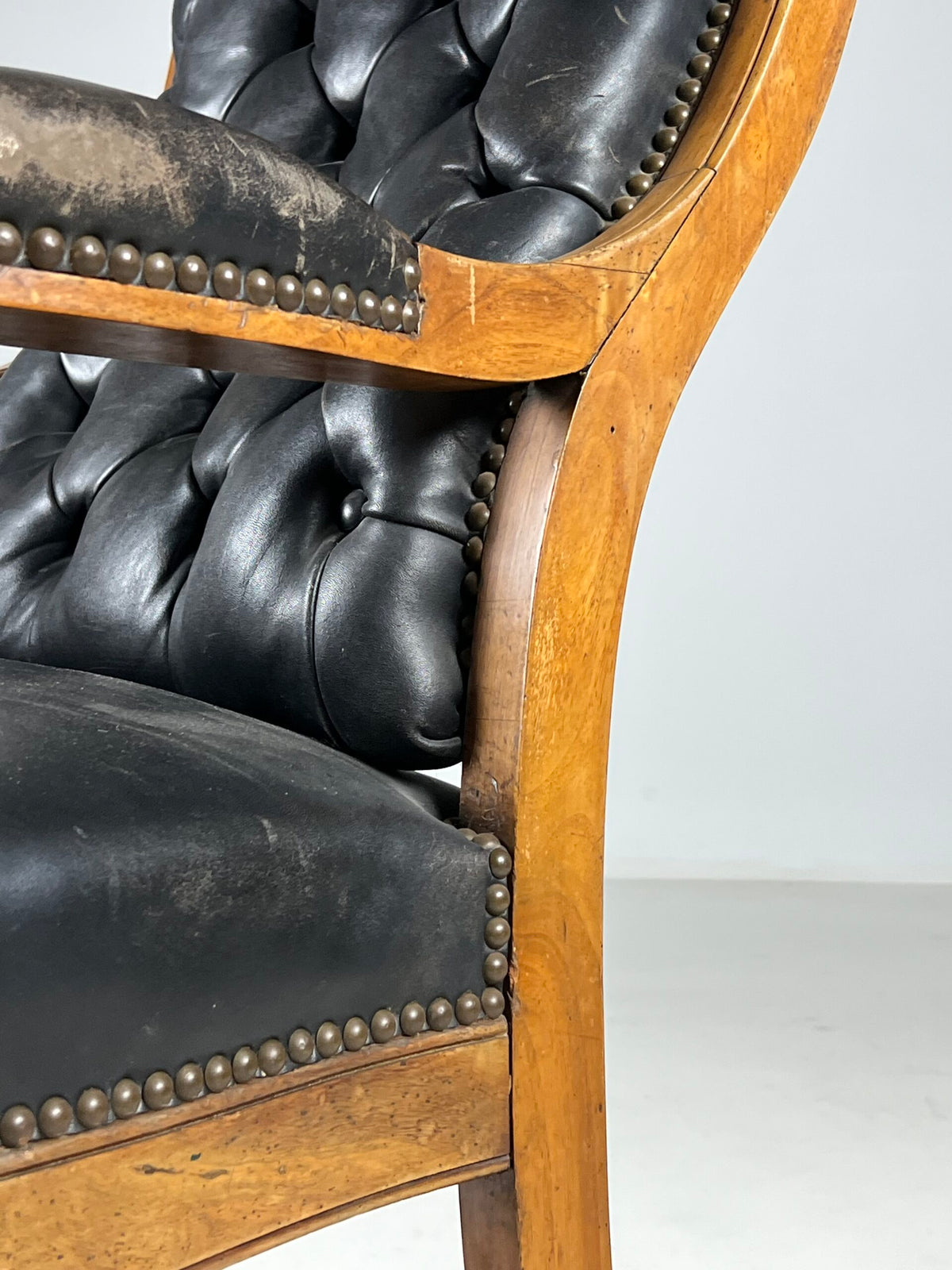 French Black Leather Tufted Armchair, c. 1900, photo 5