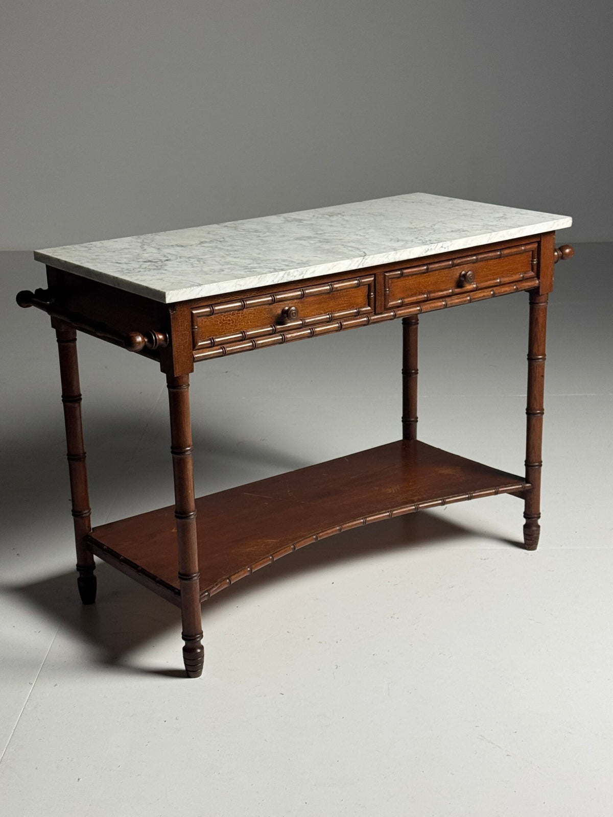 French Faux Bamboo Pine Side Table with Marble Top, c. 1900, photo 24