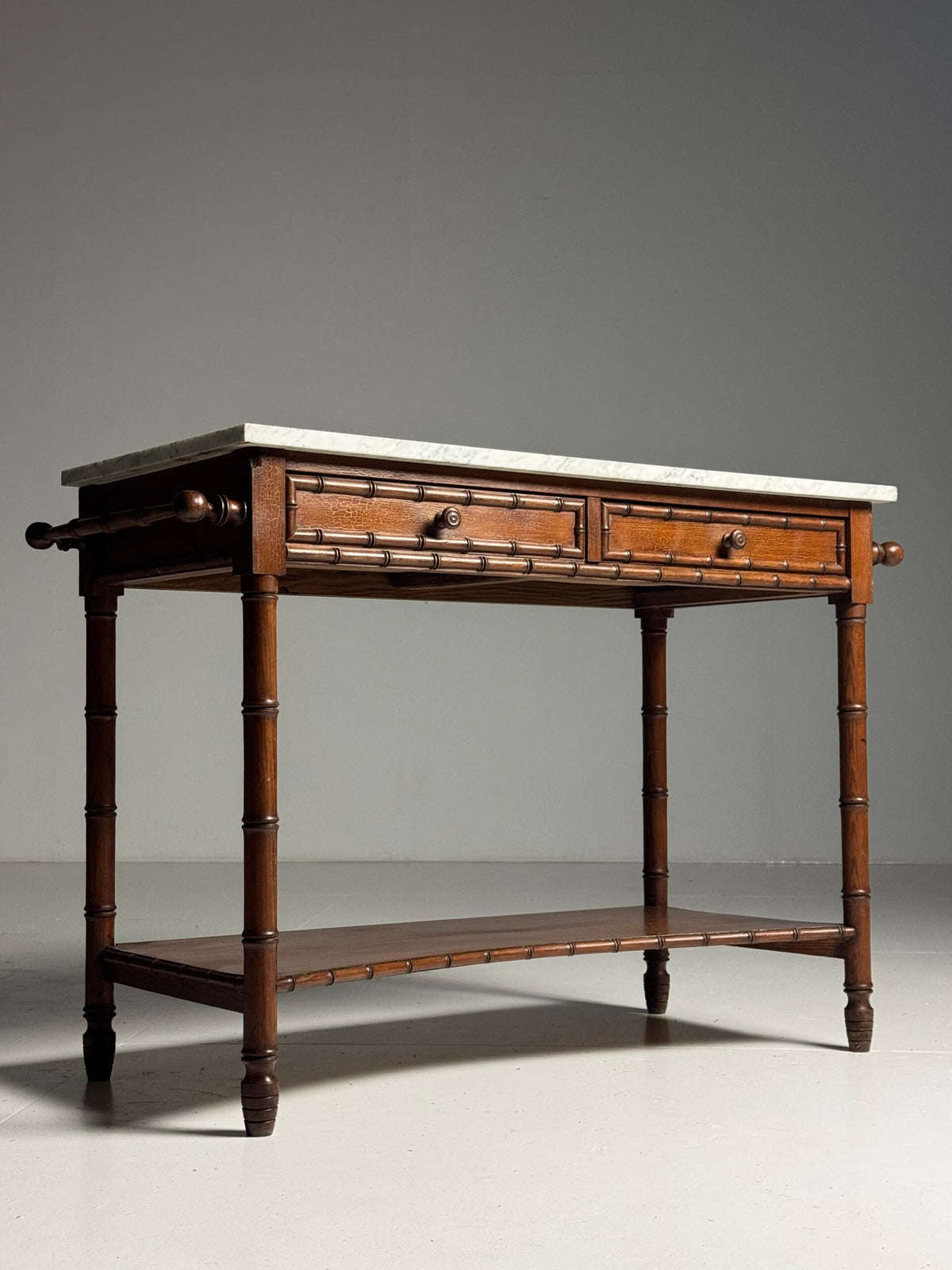 French Faux Bamboo Pine Side Table with Marble Top, c. 1900, photo 21