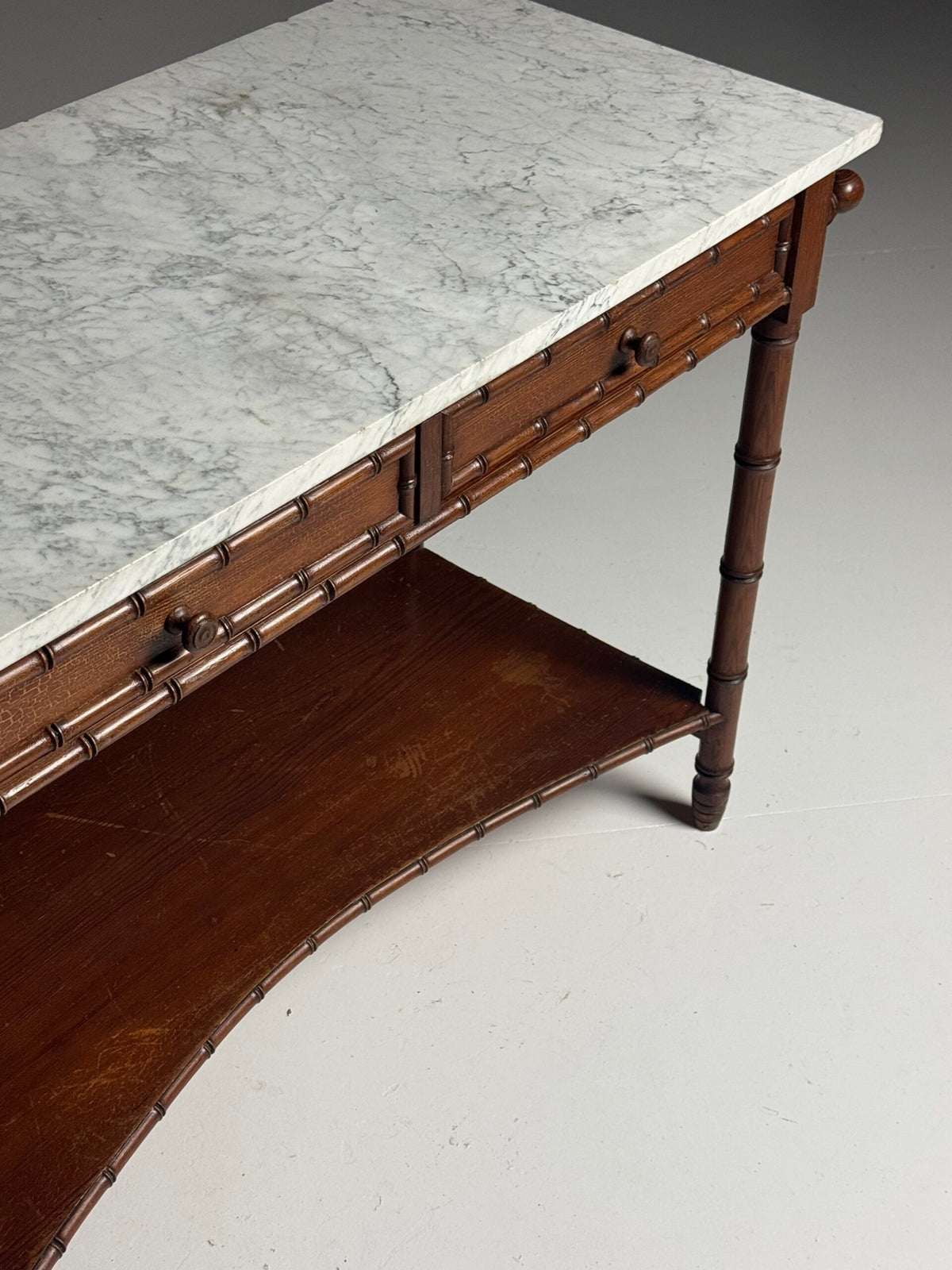 French Faux Bamboo Pine Side Table with Marble Top, c. 1900, photo 20