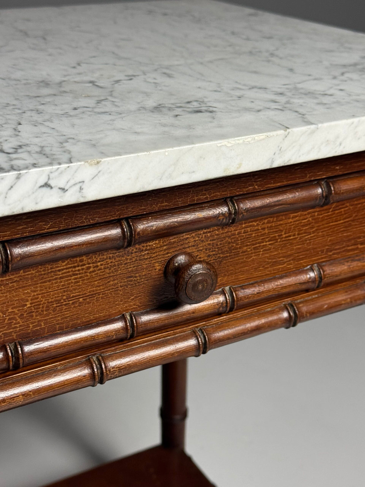 French Faux Bamboo Pine Side Table with Marble Top, c. 1900, photo 18