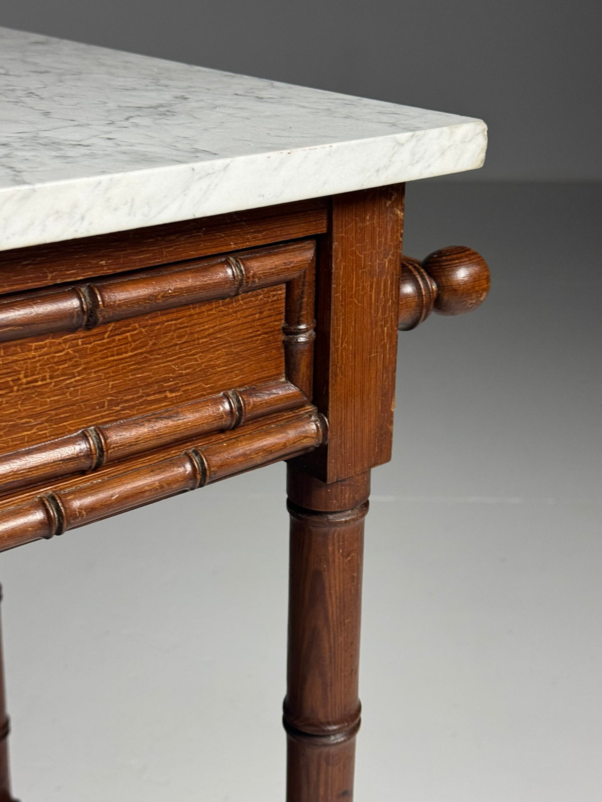 French Faux Bamboo Pine Side Table with Marble Top, c. 1900, photo 17