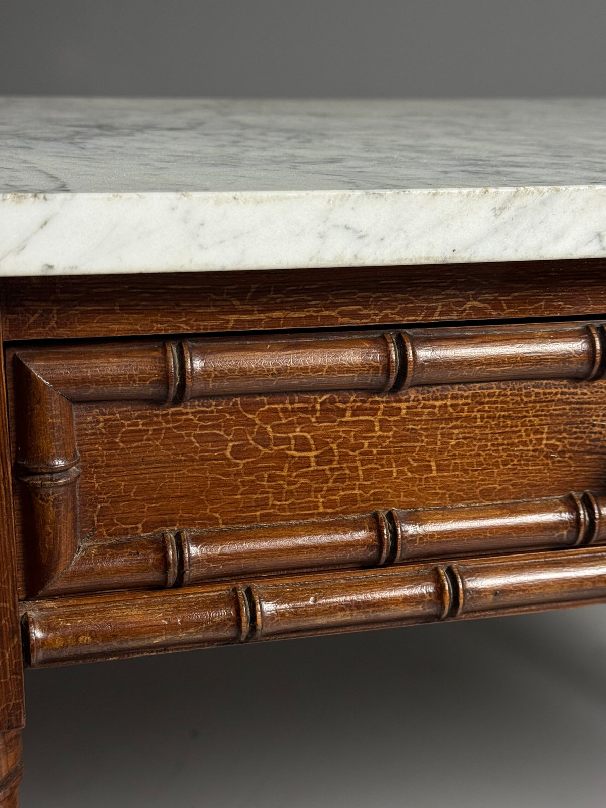 French Faux Bamboo Pine Side Table with Marble Top, c. 1900, photo 13