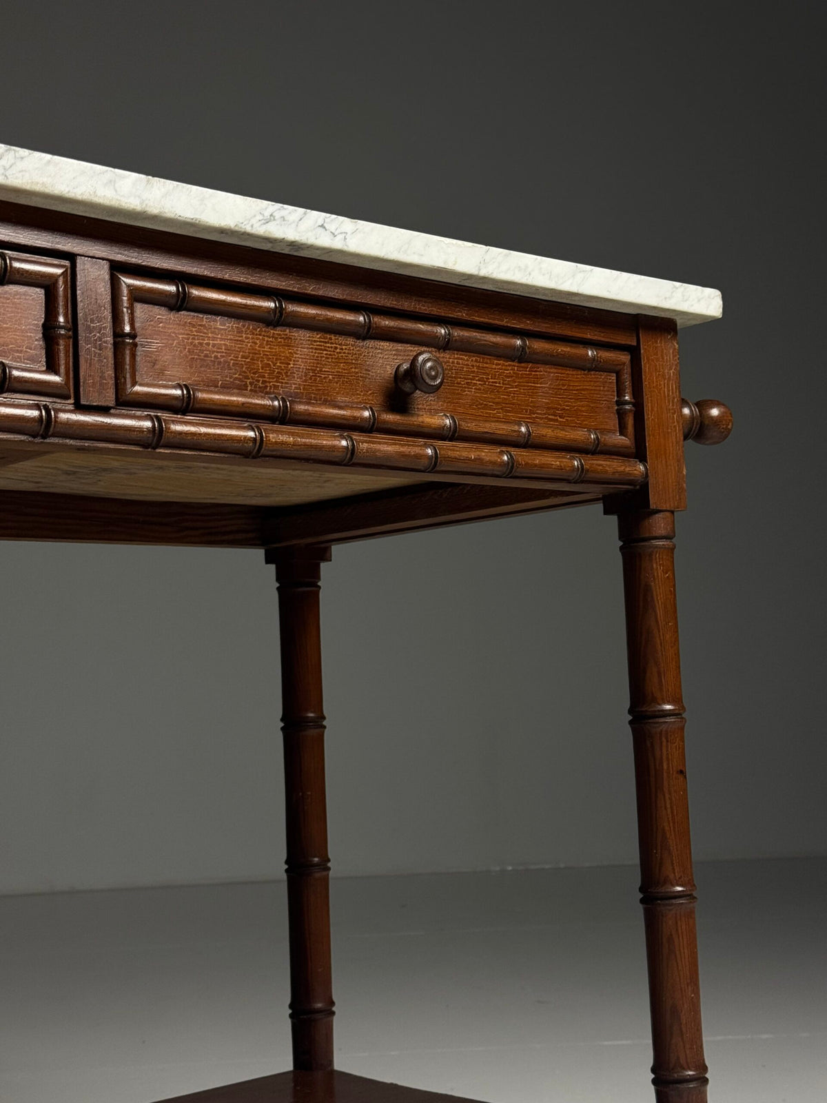 French Faux Bamboo Pine Side Table with Marble Top, c. 1900, photo 9