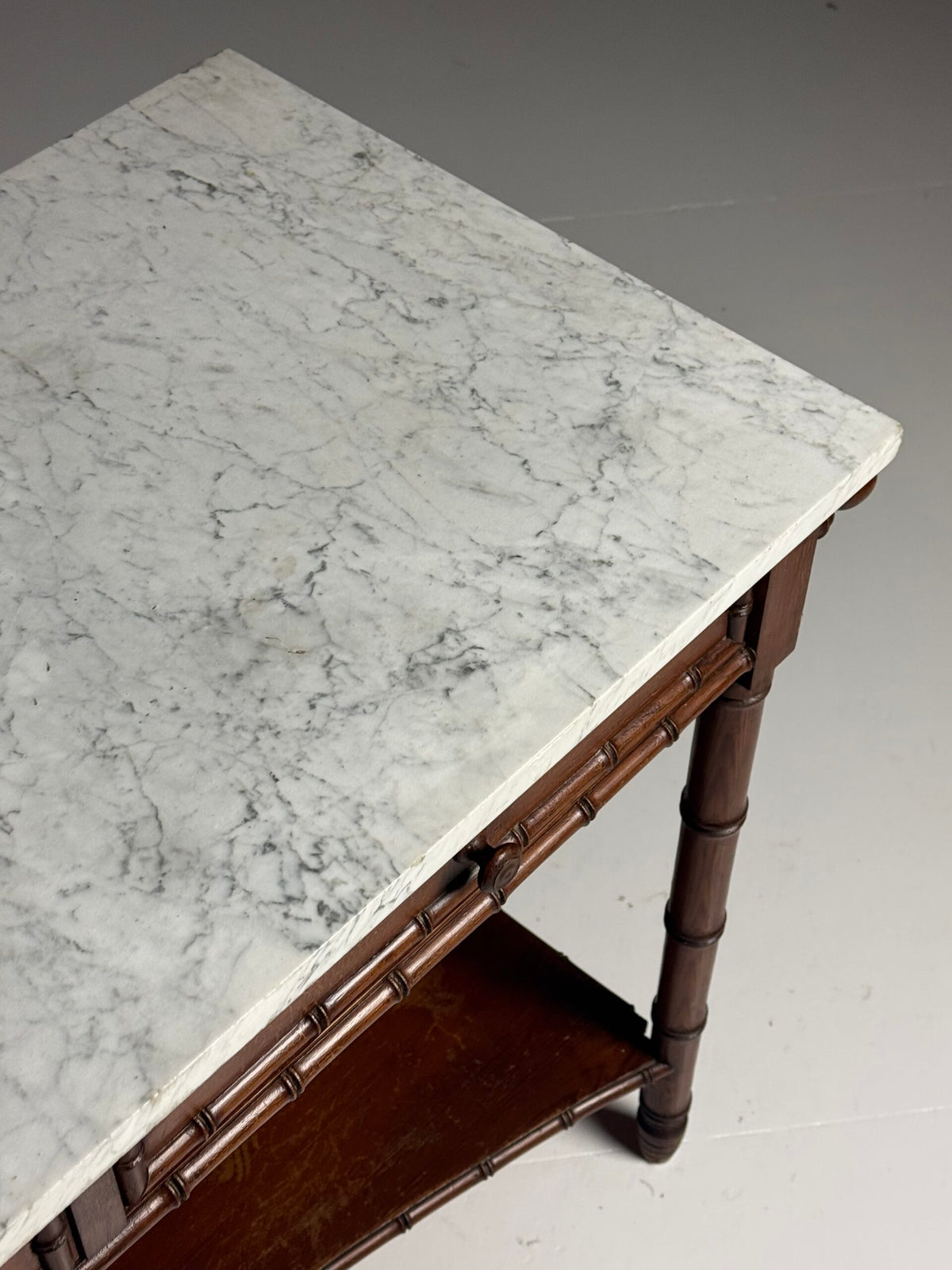 French Faux Bamboo Pine Side Table with Marble Top, c. 1900, photo 8