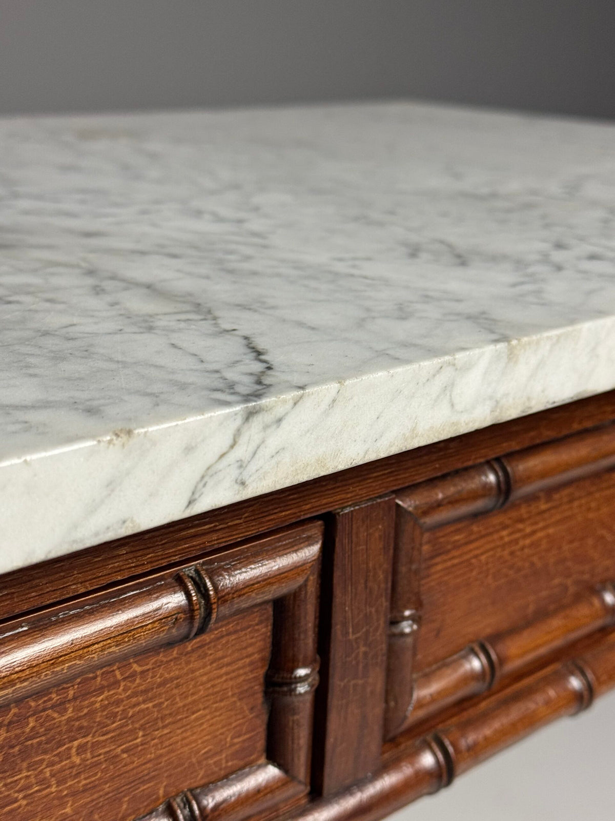 French Faux Bamboo Pine Side Table with Marble Top, c. 1900, photo 4