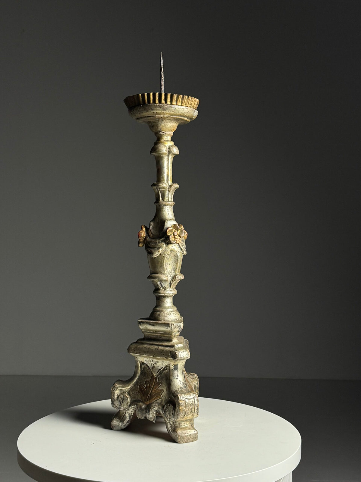 Italian Hand Carved Silvered Wooden Candlestick, 18th Century, photo 18