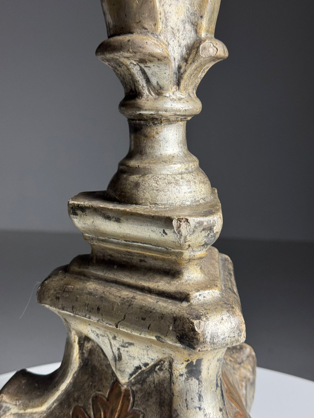 Italian Hand Carved Silvered Wooden Candlestick, 18th Century, photo 15