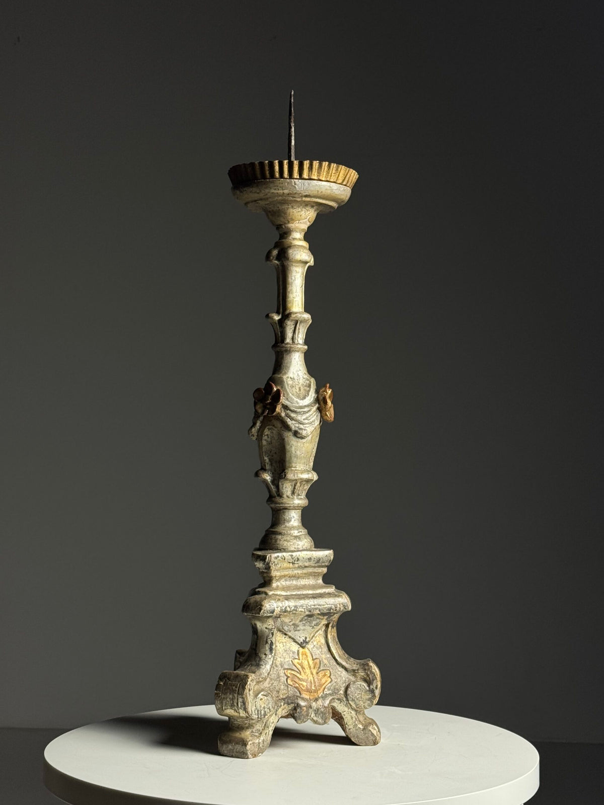 Italian Hand Carved Silvered Wooden Candlestick, 18th Century, photo 10