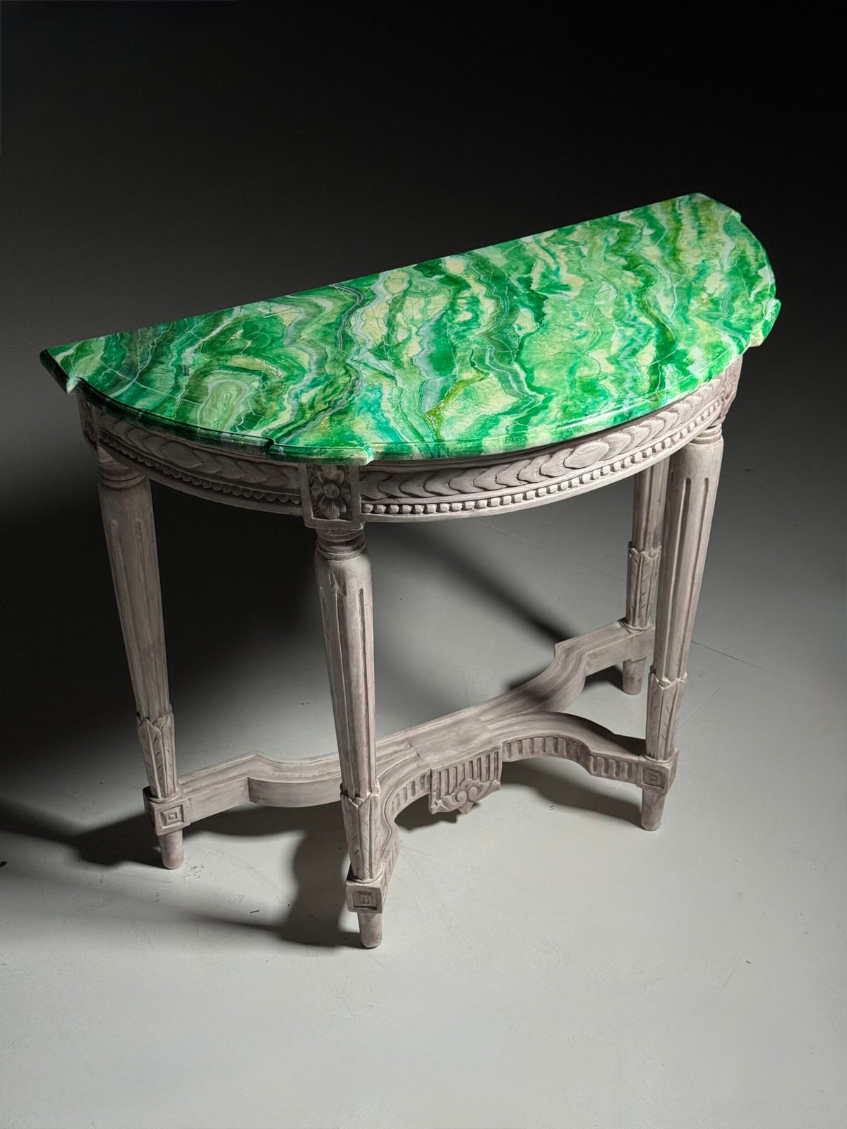 Pair of Louis XVI Style Console Tables with Malachite Painted Tops, photo 20