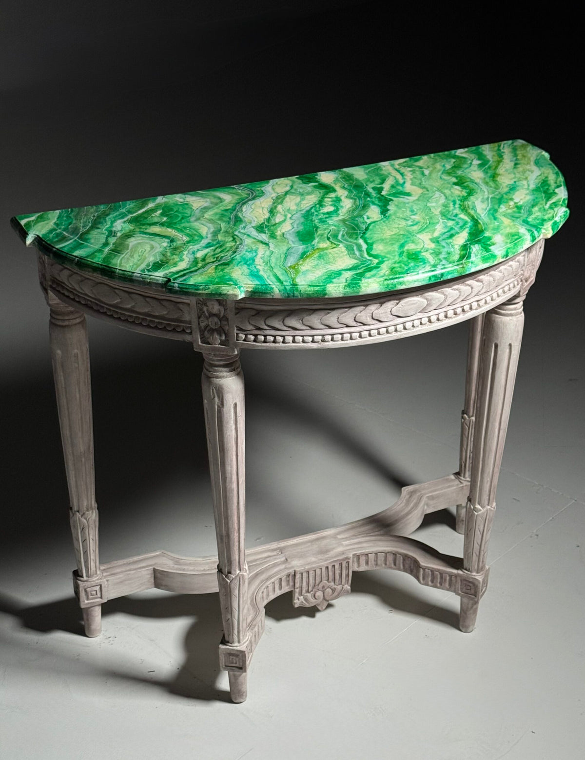 Pair of Louis XVI Style Console Tables with Malachite Painted Tops, photo 19
