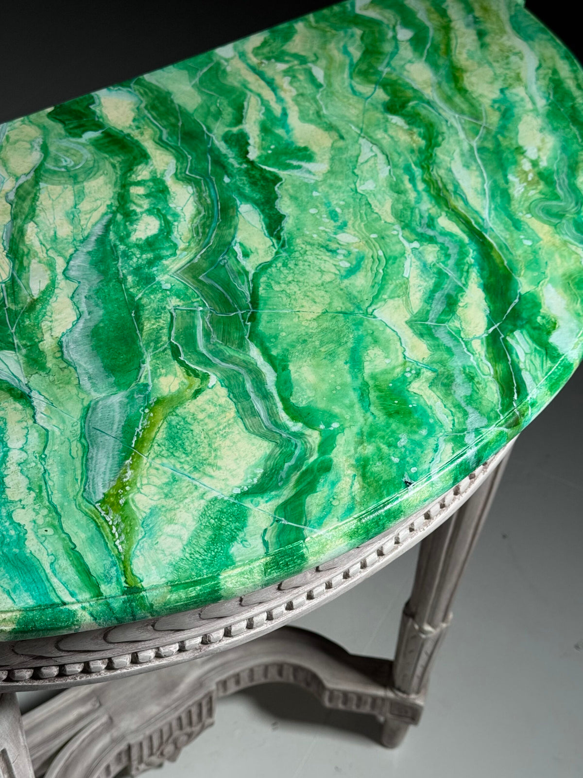 Pair of Louis XVI Style Console Tables with Malachite Painted Tops, photo 15