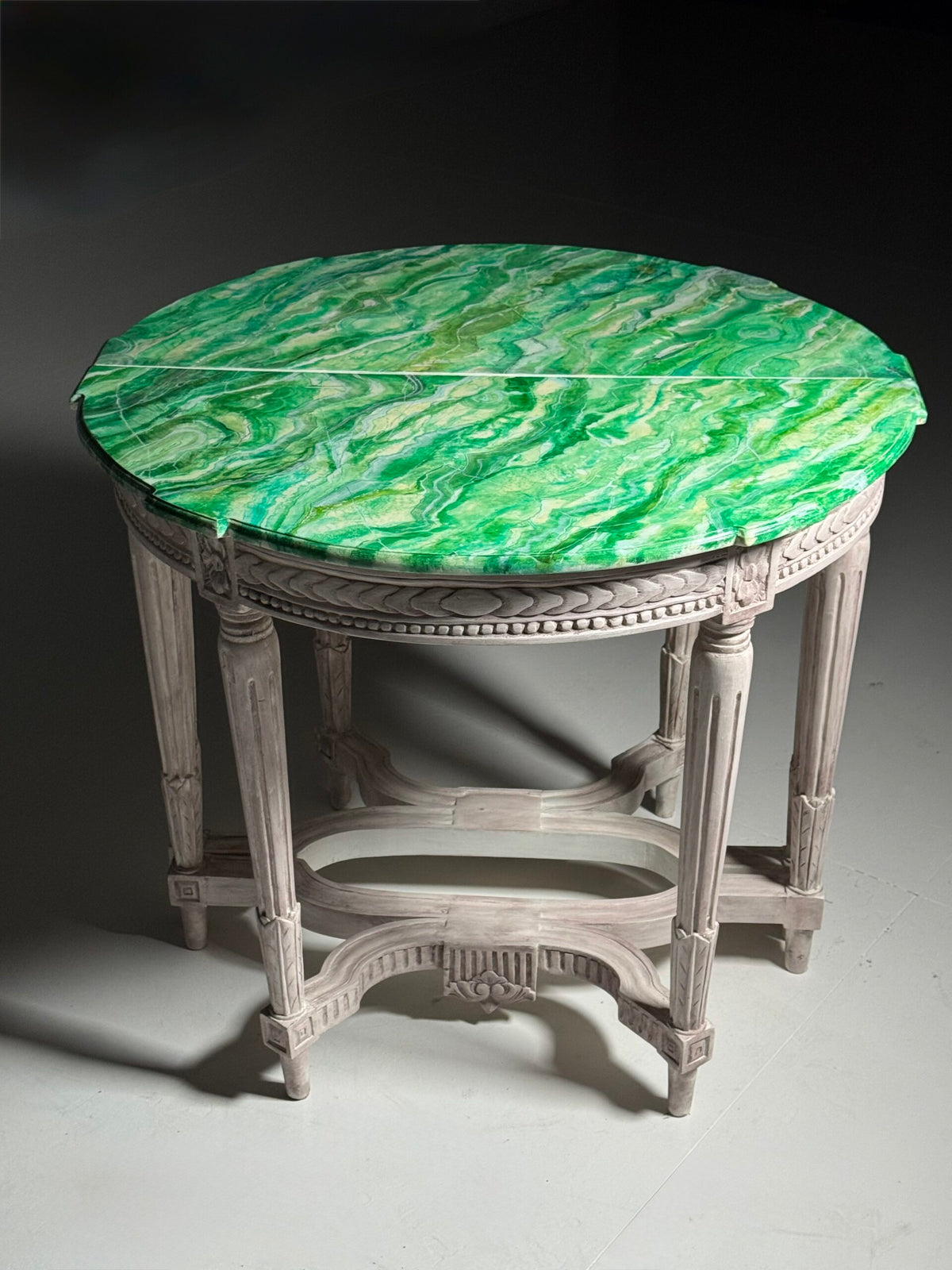 Pair of Louis XVI Style Console Tables with Malachite Painted Tops, photo 8