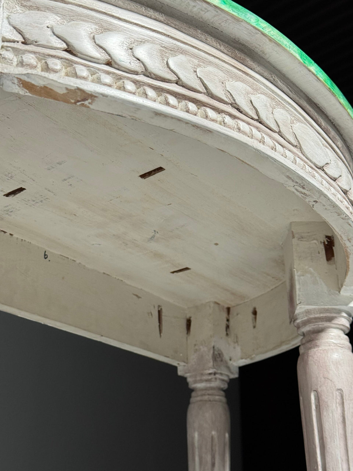 Pair of Louis XVI Style Console Tables with Malachite Painted Tops, photo 2
