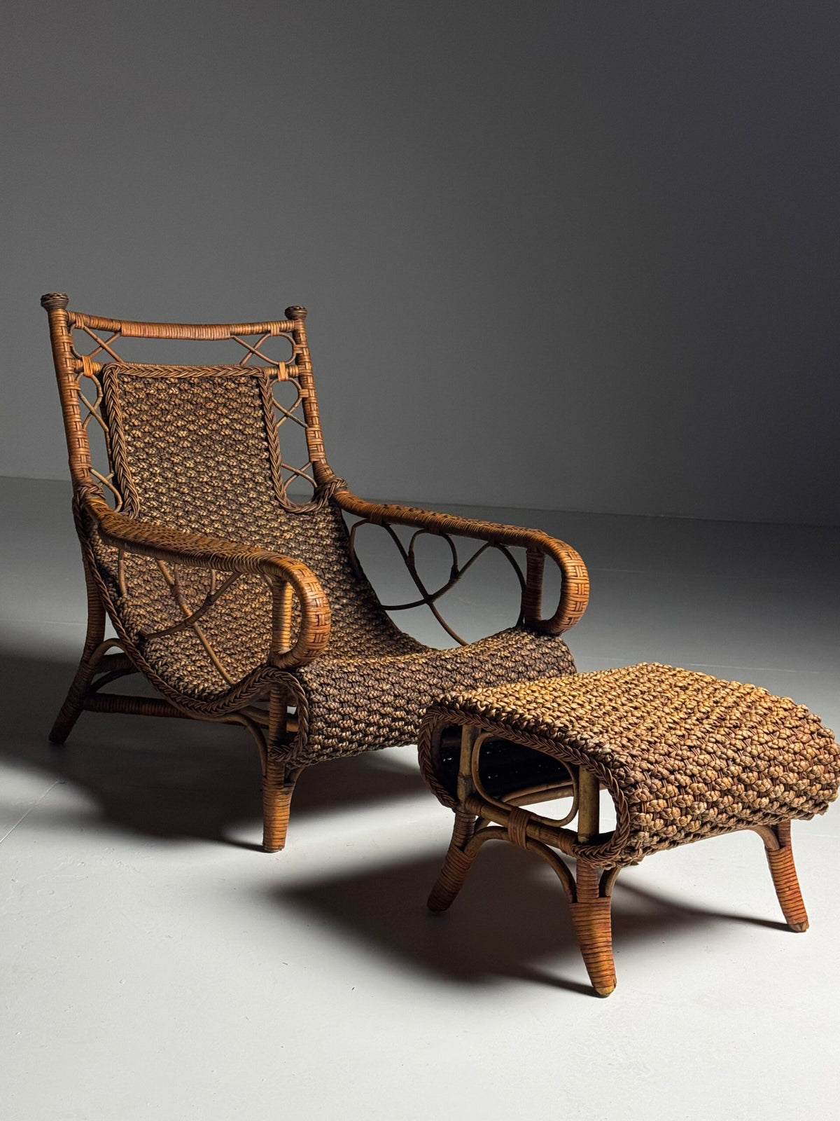 Vintage French Rattan Armchair with Footstool, photo 4