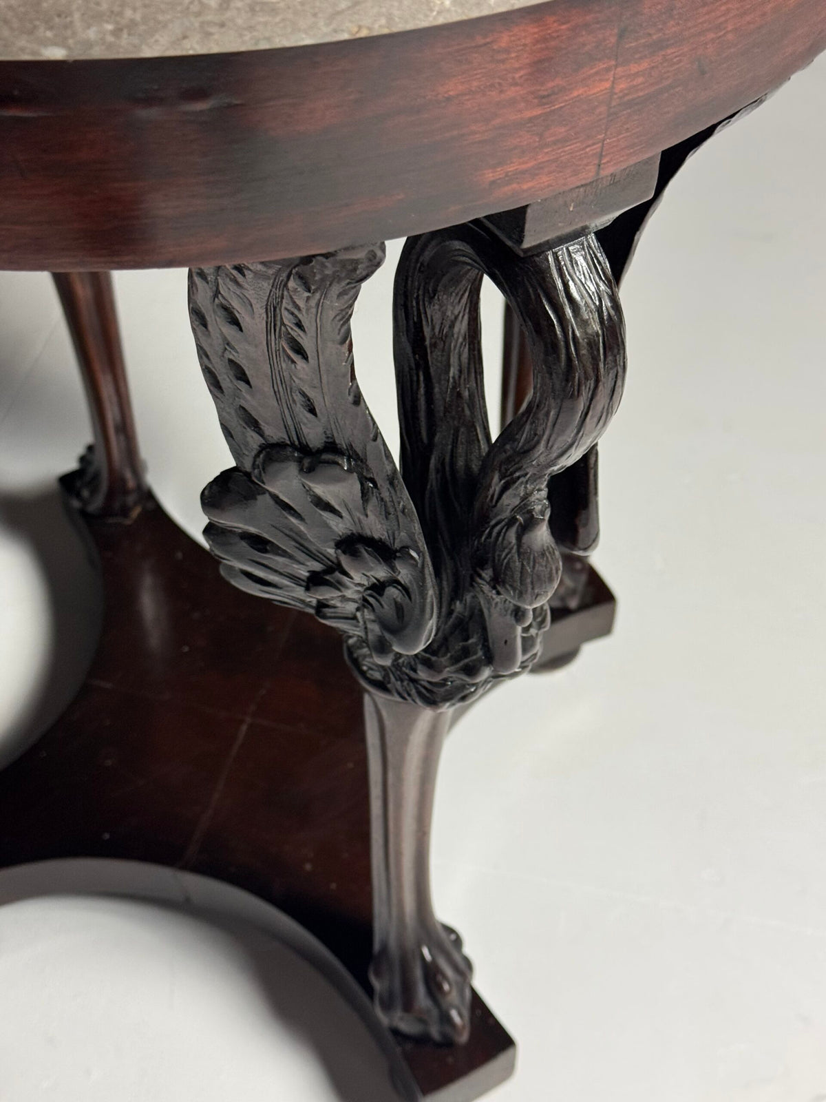 Empire Mahogany Gueridon with Grey Marble Top and Swan Legs, photo 4