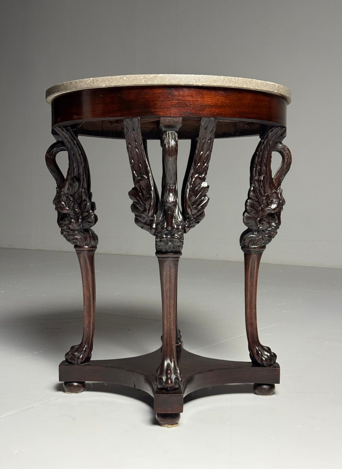 Empire Mahogany Gueridon with Grey Marble Top and Swan Legs, photo 16